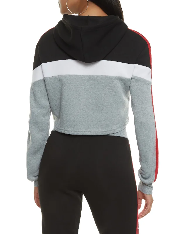 Color Block Varsity Stripe Cropped Hoodie