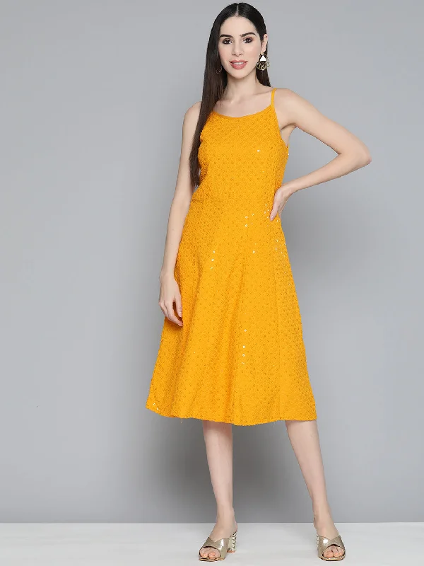 Mustard Floral Sequin Embroidered A-Line Midi Dress