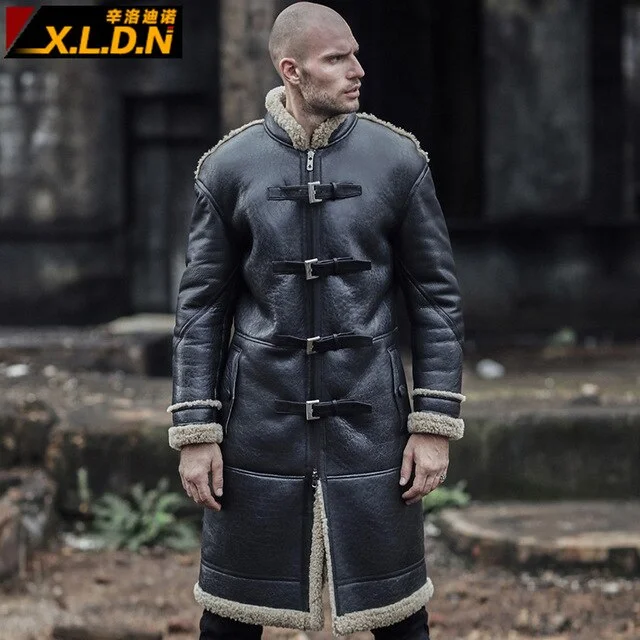 New Real Sheepskin Fur Coat Genuine Leather Male Casual Winter Thick Mens Leather Jacket Warm Men Fur Long Outwear