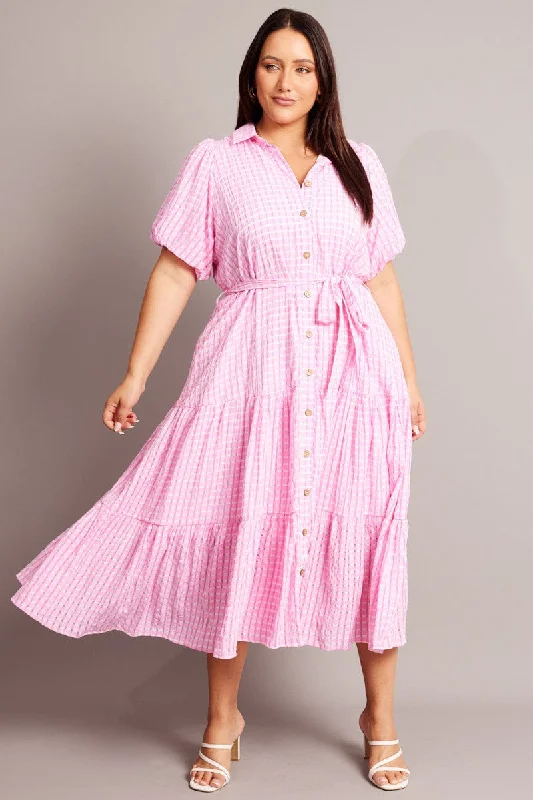 Pink Midi Dress Short Sleeve Shirt Check