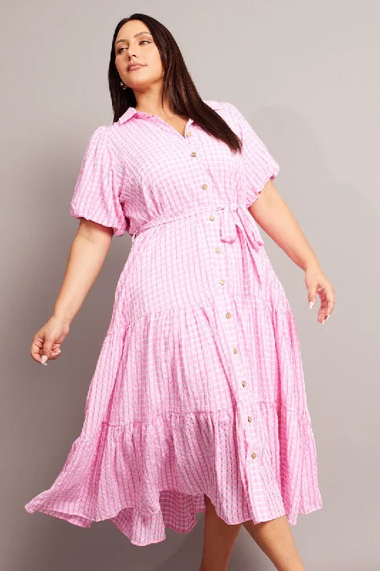 Pink Midi Dress Short Sleeve Shirt Check