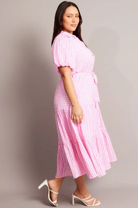 Pink Midi Dress Short Sleeve Shirt Check