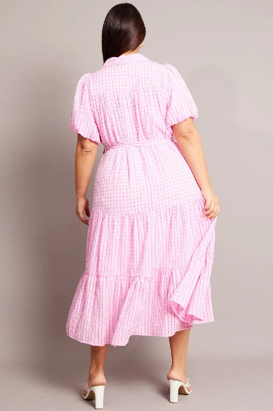 Pink Midi Dress Short Sleeve Shirt Check