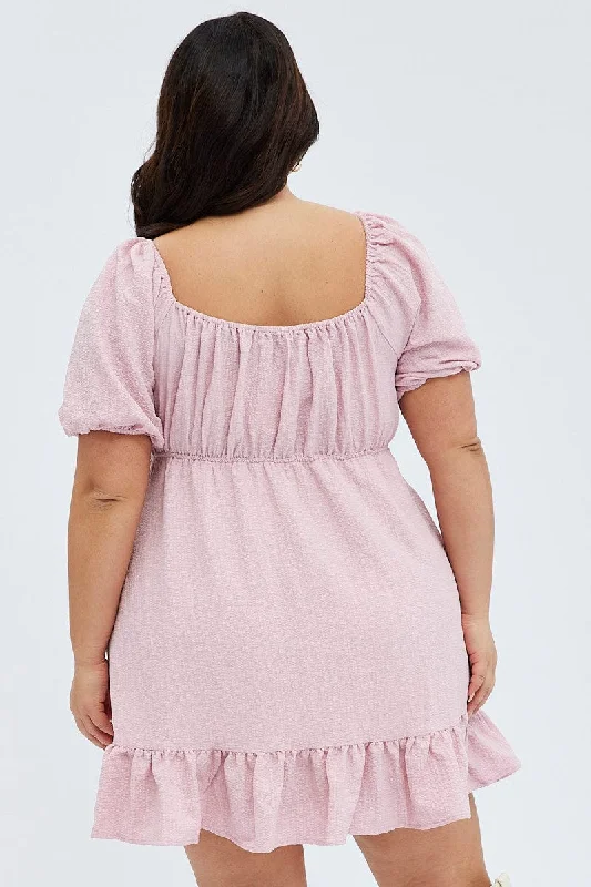 Pink Textured Mini Dress Tie Front