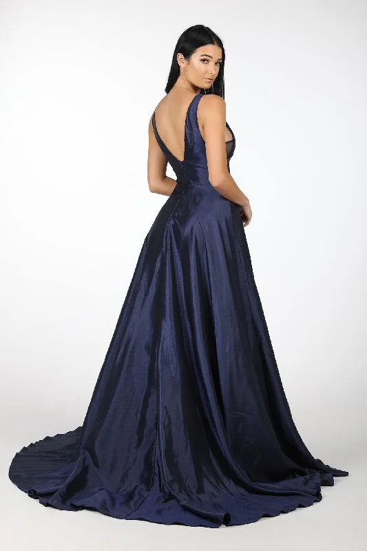 SAMIRA V-Neck Satin Ball Gown - Navy