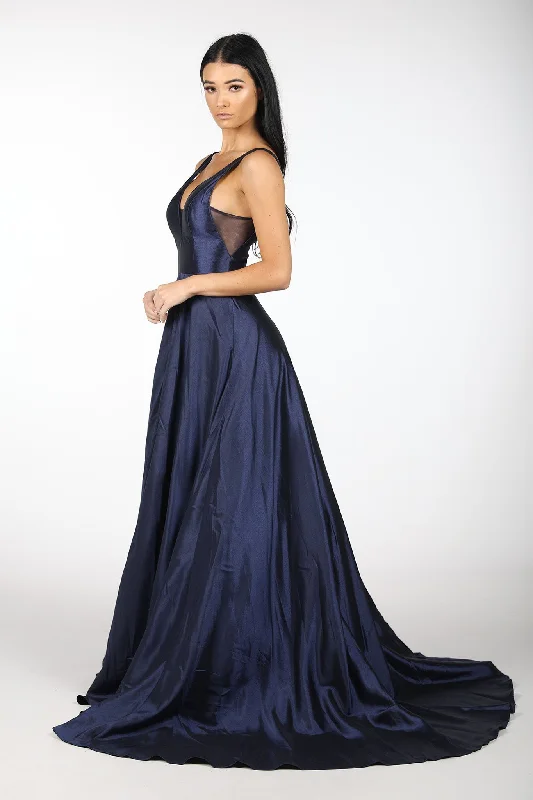 SAMIRA V-Neck Satin Ball Gown - Navy