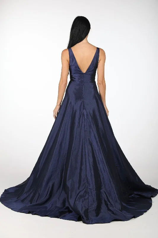 SAMIRA V-Neck Satin Ball Gown - Navy