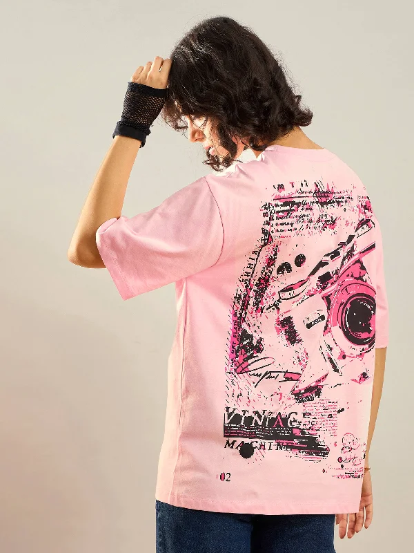 Women Pink Camera Printed Oversize T-shirt