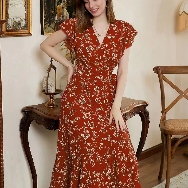 Sixsr Floral Print Vacation Deep V Neck Dress, Elegant Casual Every Day Dress For All Season, Women's Clothing