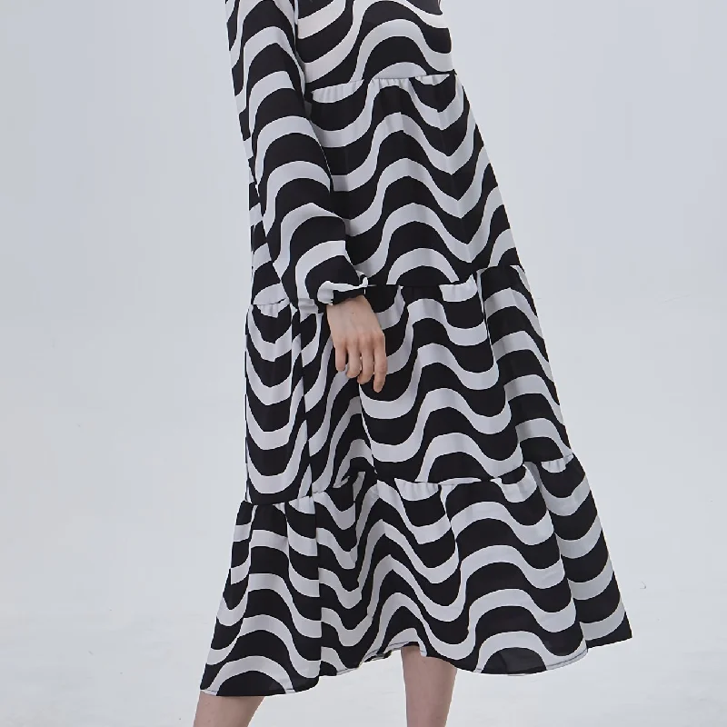 Sixsr Wavy Stripe Print Dress, Casual Crew Neck Keyhole Long Sleeve Dress, Women's Clothing