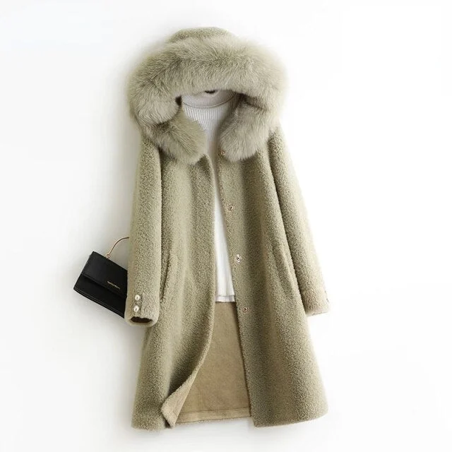 Winter Style Women's Hooded Shearling Fox Fur Collar Wool Jacket