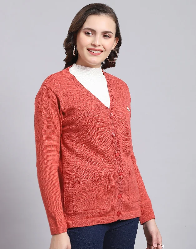 Women Pink Solid V Neck Full Sleeve Sweater