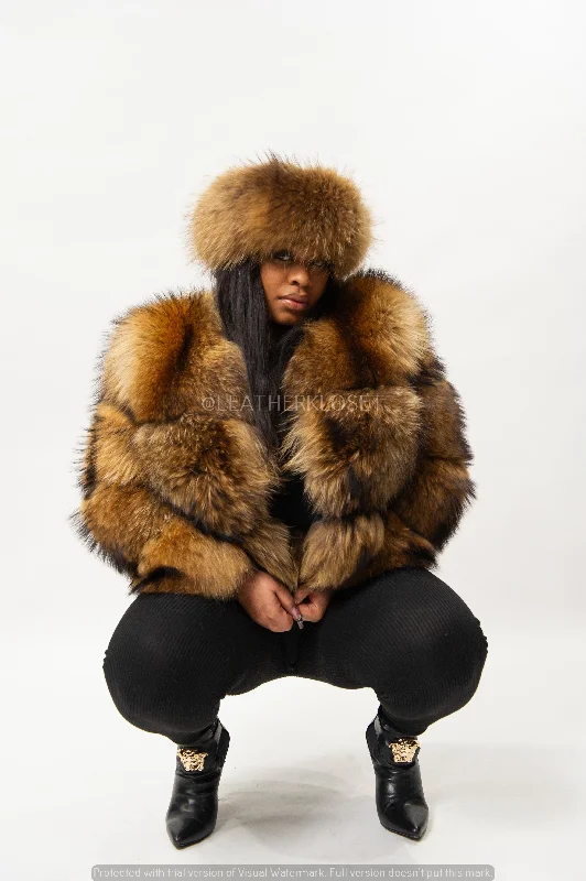 Women's Natural Raccoon Fur Bomber [With Headband]