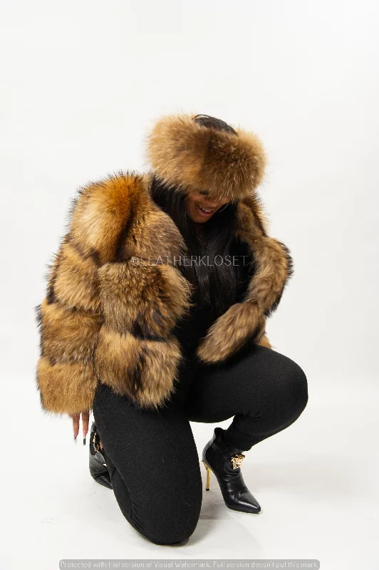 Women's Natural Raccoon Fur Bomber [With Headband]