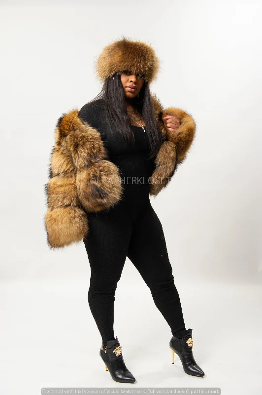 Women's Natural Raccoon Fur Bomber [With Headband]