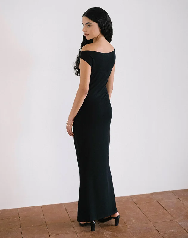 Ardita Asymmetrical Rib Knit Maxi Dress in Black