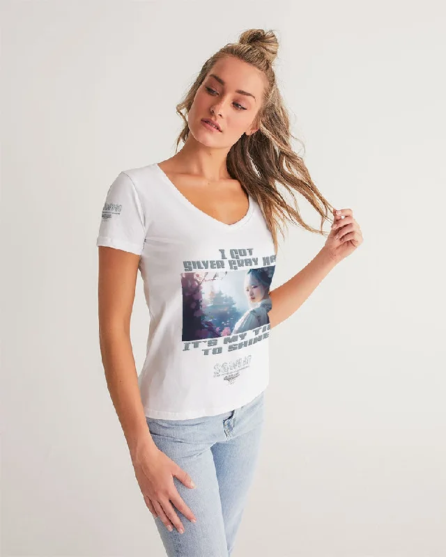 Asian sister with silver grey hair Women's All-Over Print V-Neck Tee