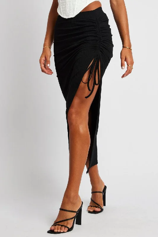 Black Maxi Skirt Side Split Ribbed