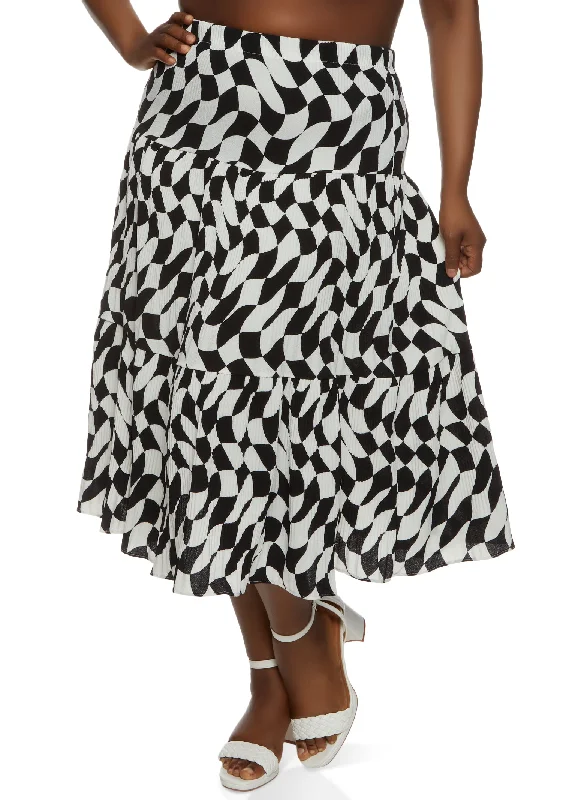 Plus Size Plisse Checkered Tiered Maxi Skirt