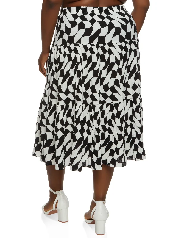 Plus Size Plisse Checkered Tiered Maxi Skirt