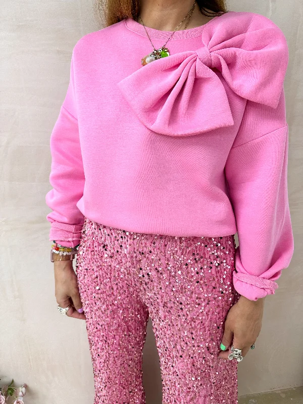 Cropped Bow Detail Sweatshirt In Bubblegum Pink