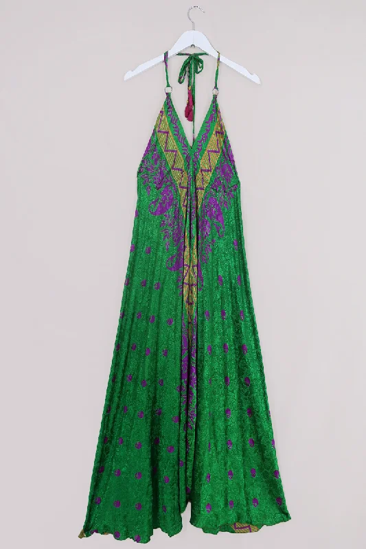 Eden Halter Maxi Dress - Vintage Sari - Emerald Green & Plum Mosaic - Free Size S - L