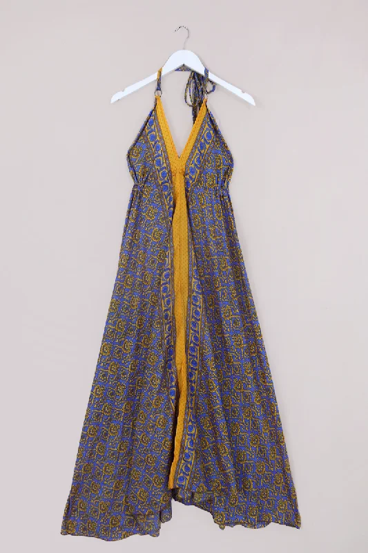 SALE | Eden Halter Maxi Dress - Vintage Sari - Lemon Yellow & Mauve Mosaic - Free Size S - L