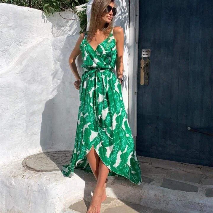 FashionSierra - Fashion Women Sleeveless Print Boho Dress Bandage V neck Beach Summer Dress Club Party Sexy Long Maxi Dresses