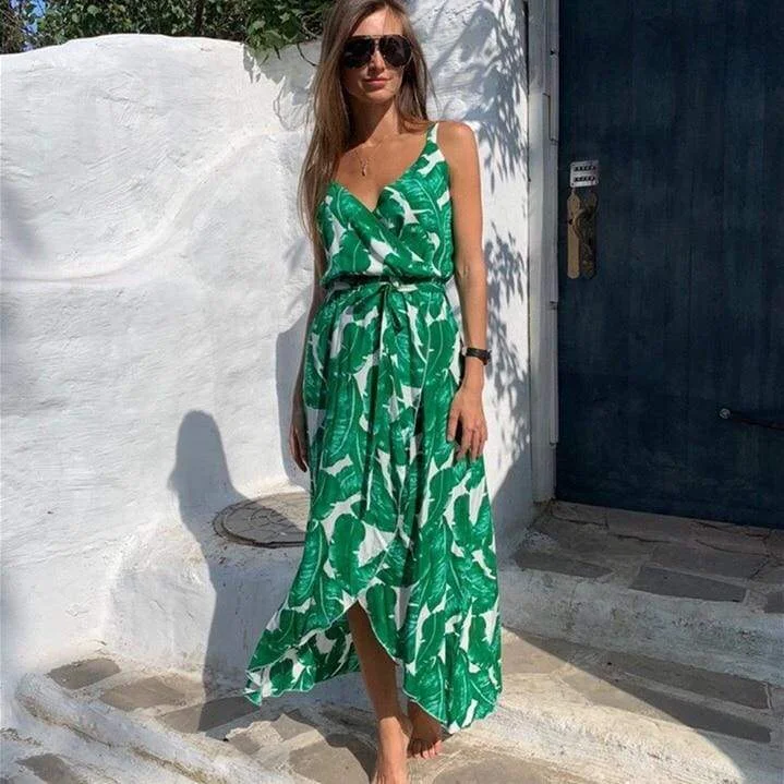 FashionSierra - Fashion Women Sleeveless Print Boho Dress Bandage V neck Beach Summer Dress Club Party Sexy Long Maxi Dresses