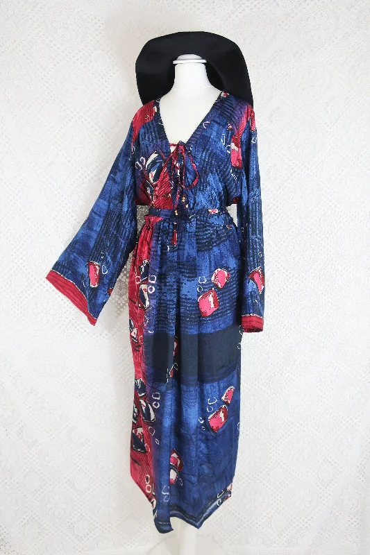 Gaia Kaftan Dress - Vintage Indian Sari - Indigo & Raspberry Abstract - Free Size