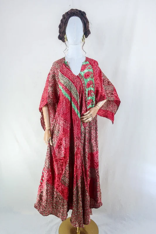 Goddess Dress - Shimmering Red & Sage Green Jacquard - Vintage Sari - Free Size