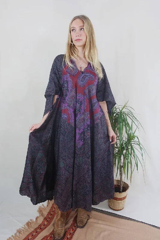 Goddess Dress - Iron & Berry Paisley - Vintage Pure Silk - Free Size