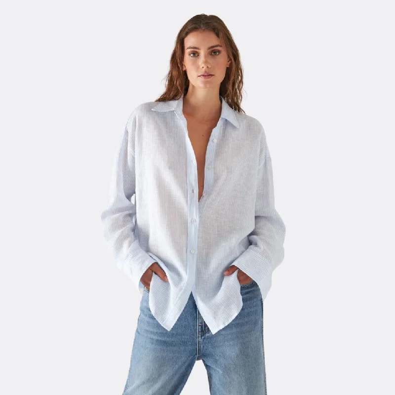 Linen Striped Boyfriend Shirt (Blue Mist)