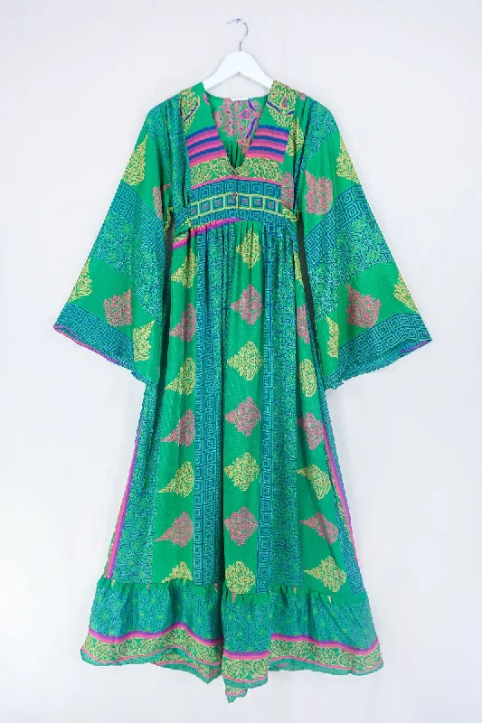 Lunar Maxi Dress - Vintage Sari - Jungle Green Patchwork Tile - Size XS