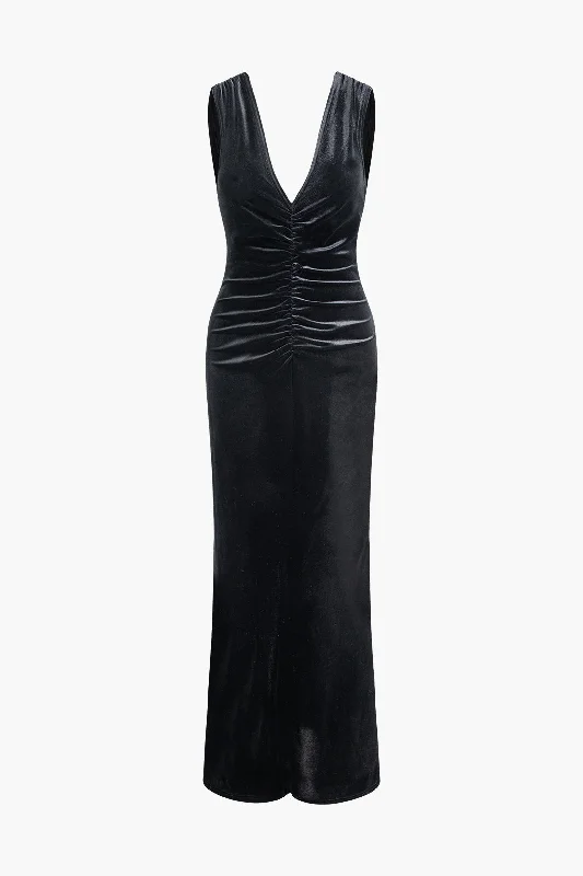 V-neck Sleeveless Velvet Ruched Slit Maxi Dress