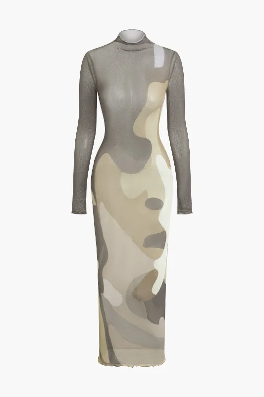 Abstract Print Sheer Mesh Mock Neck Long Sleeve Maxi Dress