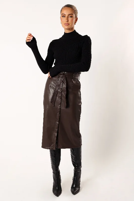 Meghan Faux Leather Midi Skirt - Chocolate