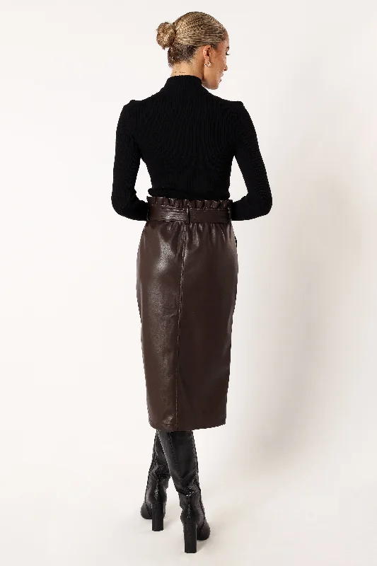 Meghan Faux Leather Midi Skirt - Chocolate