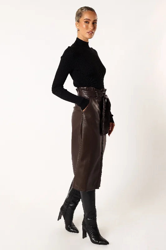 Meghan Faux Leather Midi Skirt - Chocolate