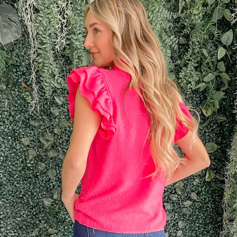 Polka Dot Textured Double Layered Ruffles Blouse (Fuchsia)