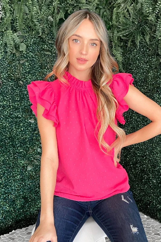 Polka Dot Textured Double Layered Ruffles Blouse (Fuchsia)