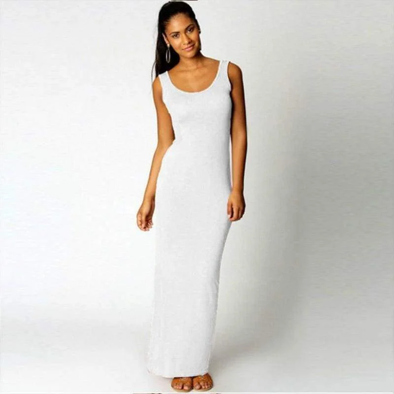 FashionSierra - Slim Maxi Dress Stretch Tank Robe Thin Long Dress O-Neck Sleeveless