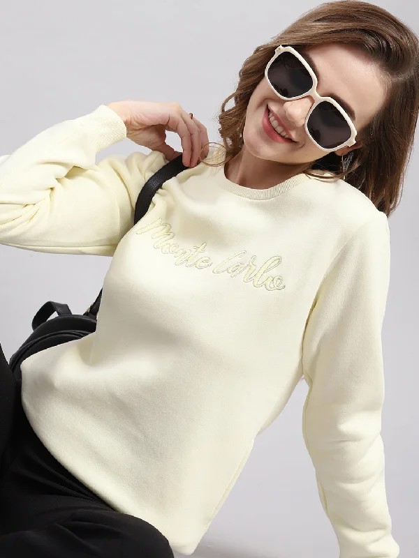 Women Cream Embroidered Round Neck Full Sleeve Sweatshirts