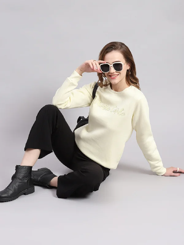 Women Cream Embroidered Round Neck Full Sleeve Sweatshirts