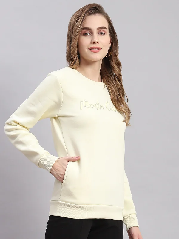 Women Cream Embroidered Round Neck Full Sleeve Sweatshirts