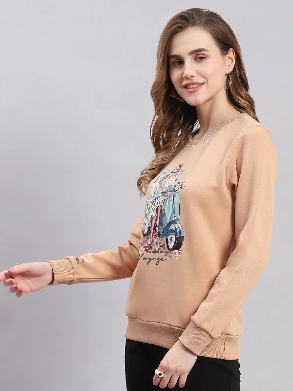 Women Peach Printed Round Neck Full Sleeve Sweatshirts