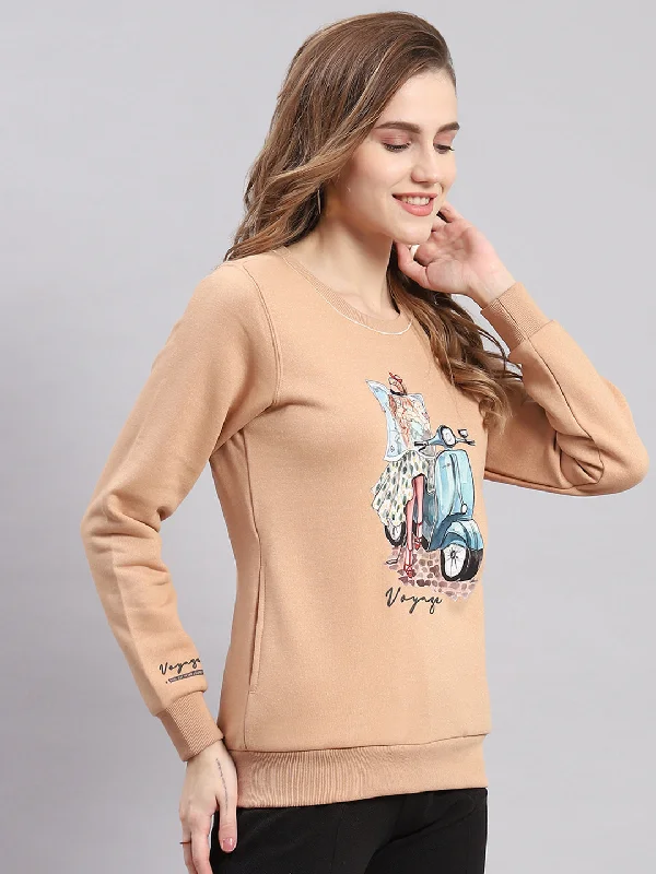 Women Peach Printed Round Neck Full Sleeve Sweatshirts