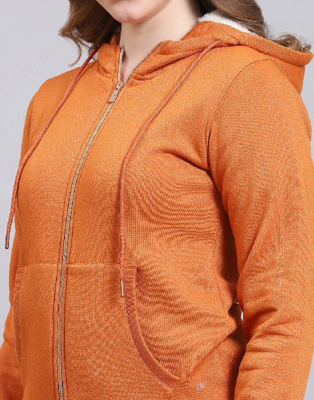 Women Rust Solid Hooded Full Sleeve Sweatshirt